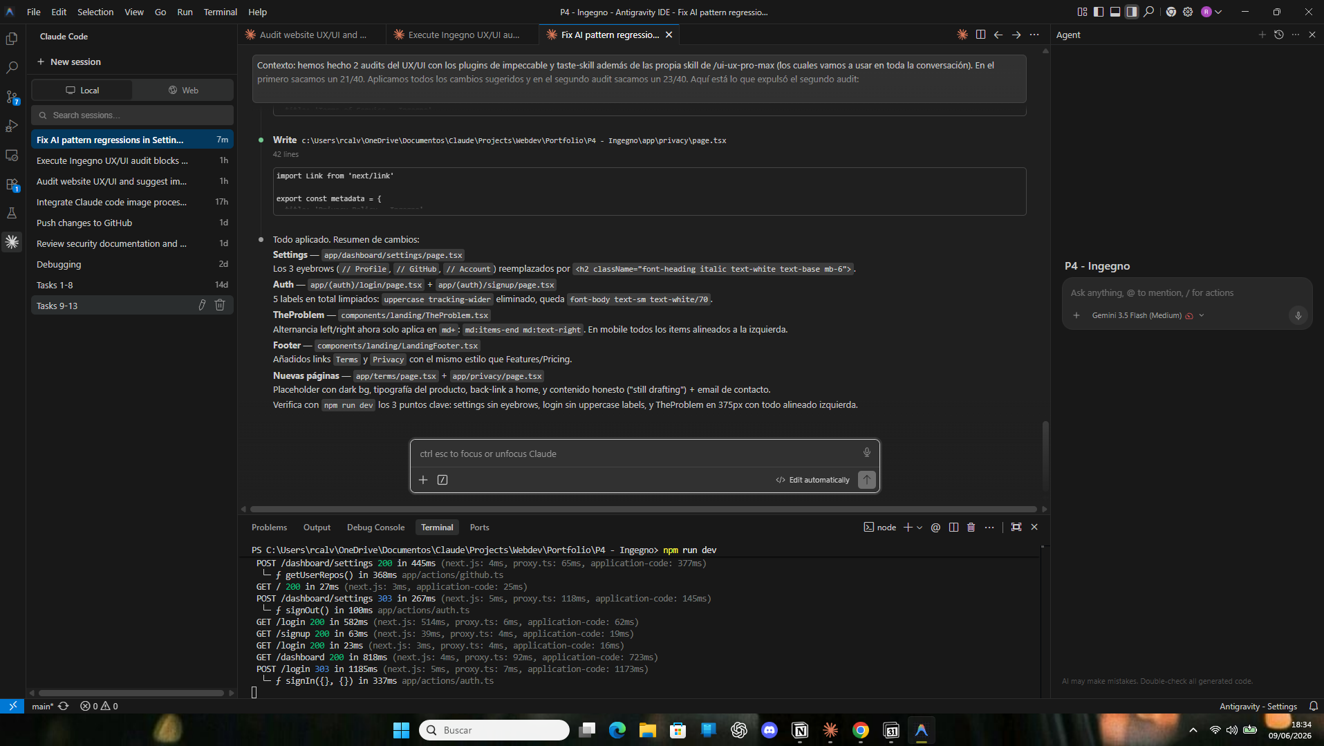 Auditing the whole of the UX/UI of Ingegno. Went from a 21/40 to a 23/40 in 2 hours and half of my Claude Session. Yippe…